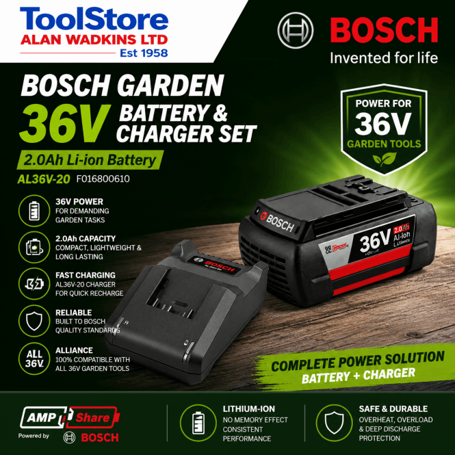 Bosch Garden 36v Battery & Charger Set 2.0ah Li-on Battery AL36V-20 F016800610