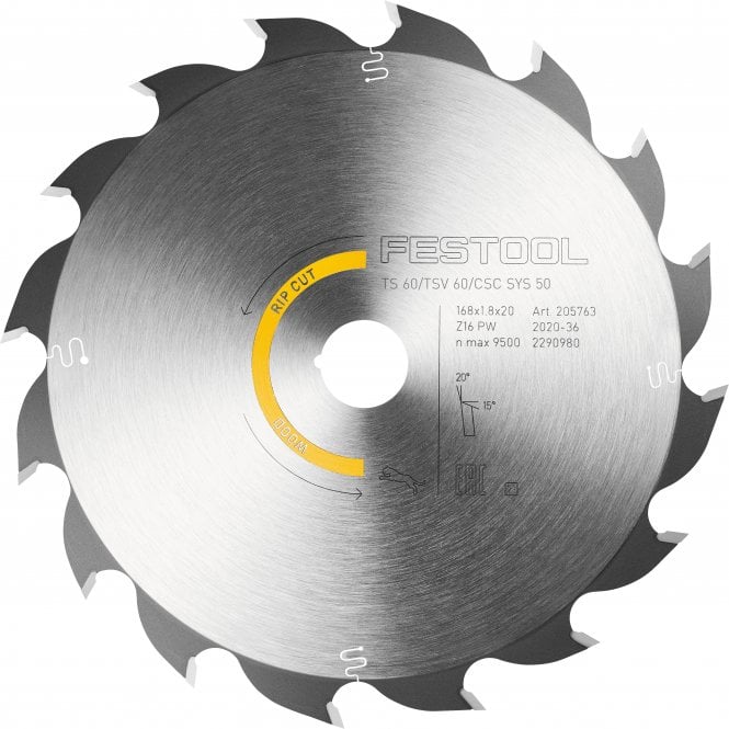 Festool 205763 Wood Rip Cut Saw Blade HW 168x1,8x20 PW16 for TS60 