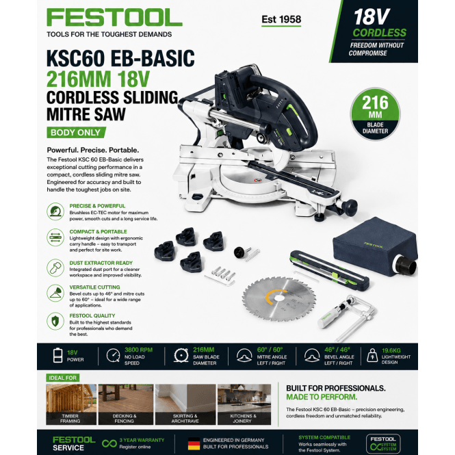 Festool KSC60EB Basic 216mm 18v Cordless Sliding Mitre Saw Body Only 577775