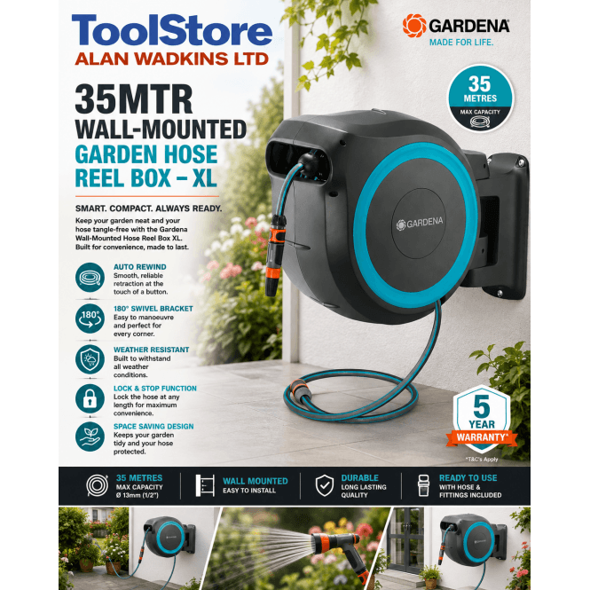 Gardena 35MTR Wall-Mounted Garden Hose Reel Box – XL Roll-Up Reel 18630-20