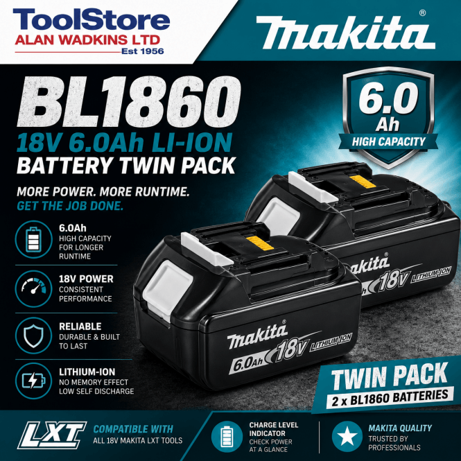 Makita 18v 6.0ah Li-on Battery Twin Pack BL1860