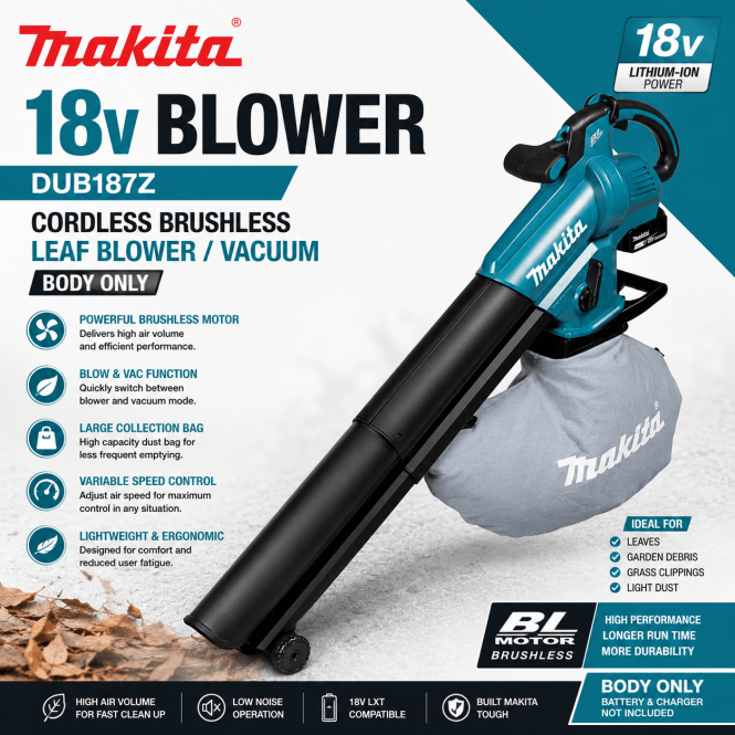 Makita 18v Blower DUB187Z Cordless Brushless Leaf Blower / Vacuum Body Only