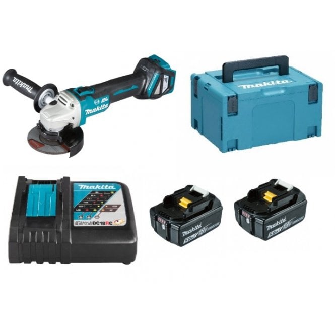 Makita DGA463RTJ 18v 115mm Brushless Angle Grinder Slide Switch Kit 2 5.0ah Batteries