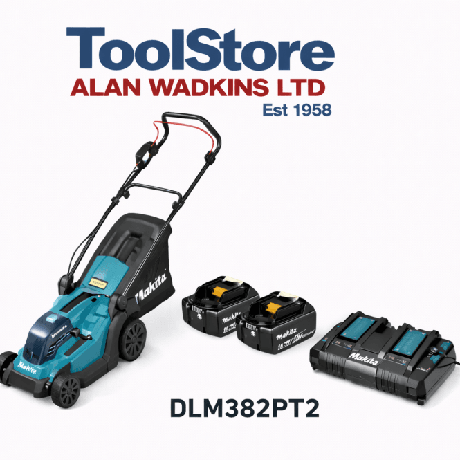 Makita DLM382PT2 Twin 18v 38cm Cordless Push Type Lawnmower 2 x 5.0ah Batteries + Twin Charger