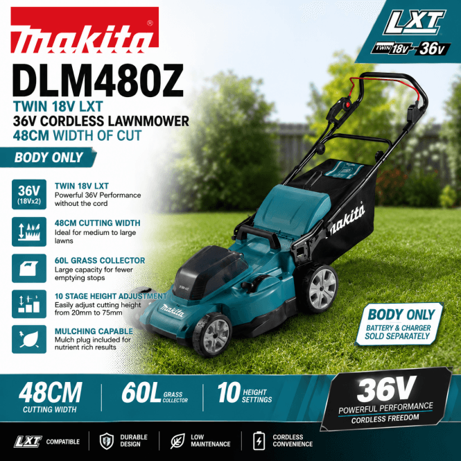 Makita DLM480Z Twin 18v LXT 36V Cordless Lawnmower 48cm Width Of Cut Body Only Machine