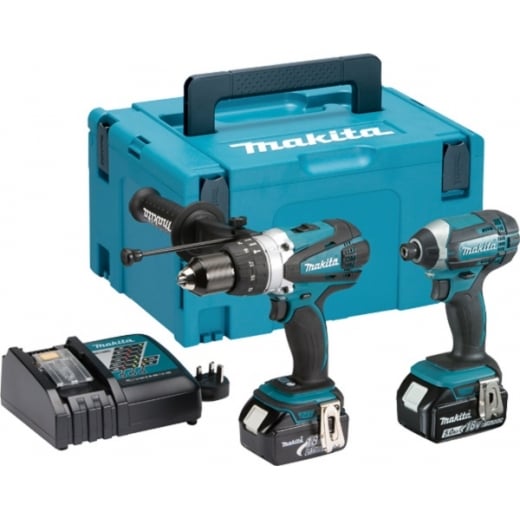 Makita DLX2145 18v Cordless Twin Pack DHP458 & DTD152 Batteries Charger + Makpac