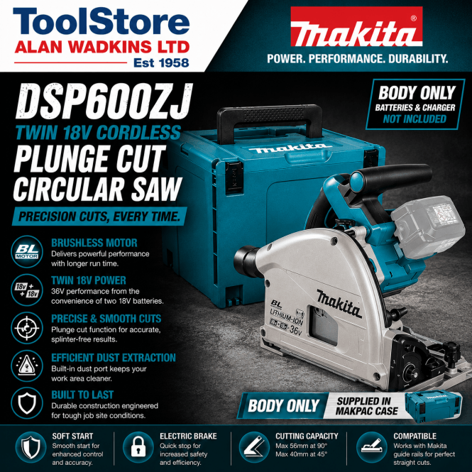 Makita DSP600ZJ Twin 18v Cordless Plunge Saw Body Only In Makpac Case