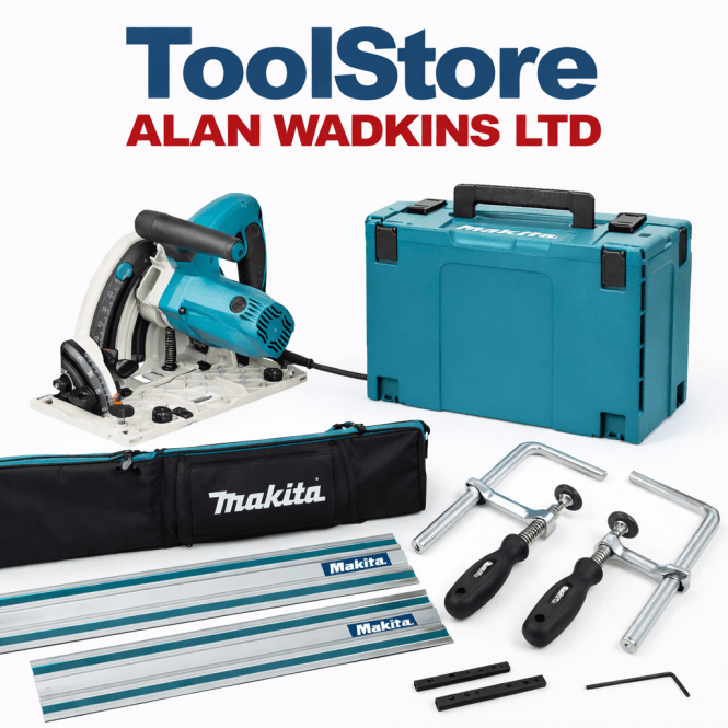 Makita SP6000 Plunge Cut Circular Saw 2 x 1500mm Guide Rails, Connectors, Clamp Set, Bag 240v