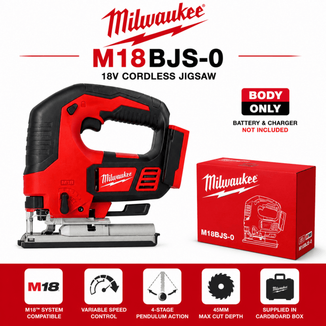 Milwaukee 18v Cordless Jigsaw M18BJS-0 18v Jigsaw Brushed D Handle Body Only In Cardboard Box