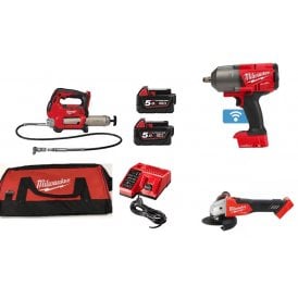 Farmers Kit 18v Grease Gun, 115mm Angle Grinder, 1/2" Impact Wrench With Batteries, Charger, Bag