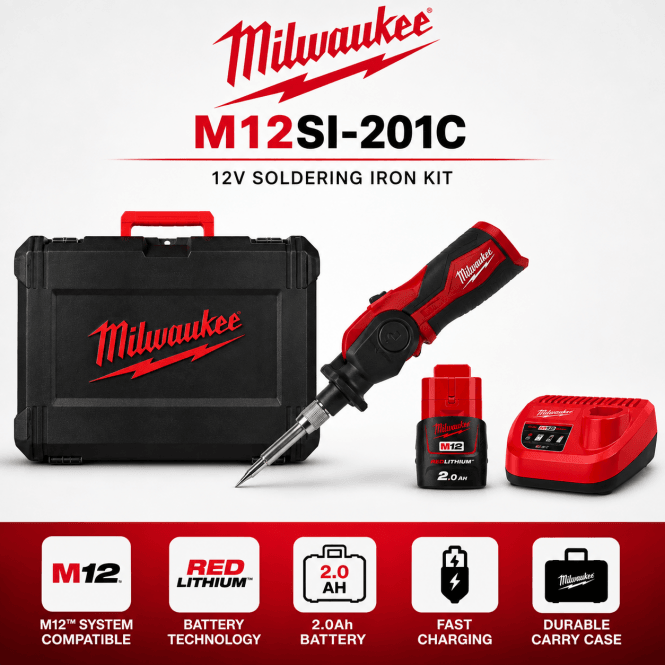 Milwaukee M12SI-201C 12v Cordless Soldering Iron Kit 1 x 2.0ah M12B2 Battery C12C Charger + Case