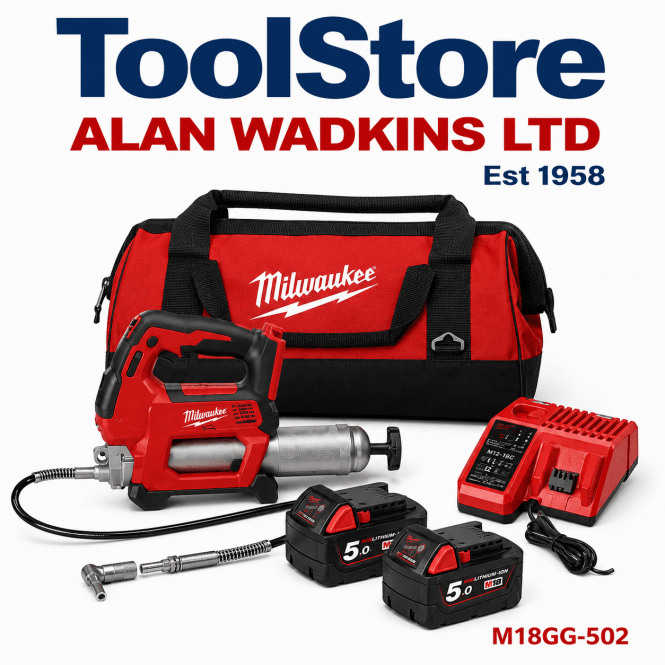 Milwaukee M18GG-502X 18v Cordless Grease Gun Kit 2 x 5.0ah Batteries, Charger and Bag