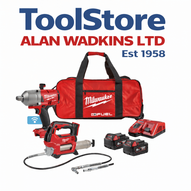 Milwaukee M18ONEPP2Q-502B 18v Grease Gun + 3/4 Impact Wrench Kit 2 x 5.0ah Batteries Charger + Bag