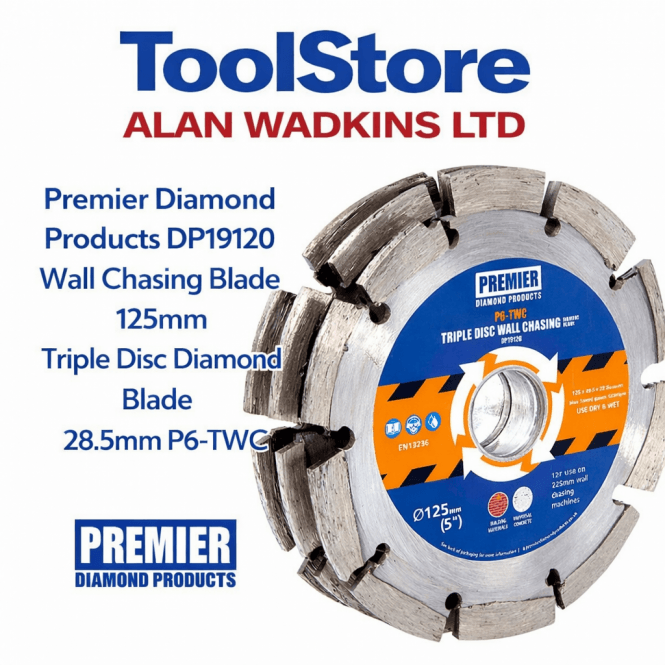 Premier Diamond Products DP19120 Wall Chasing Blade 125mm Triple Disc Diamond Blade 28.5mm P6-TWC