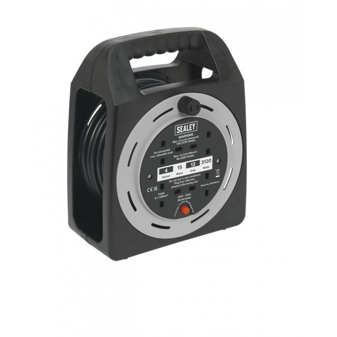 Sealey BCR15CB 15 Metre Cable Reel Box Type 4 x 230V Outlets Thermal Trip