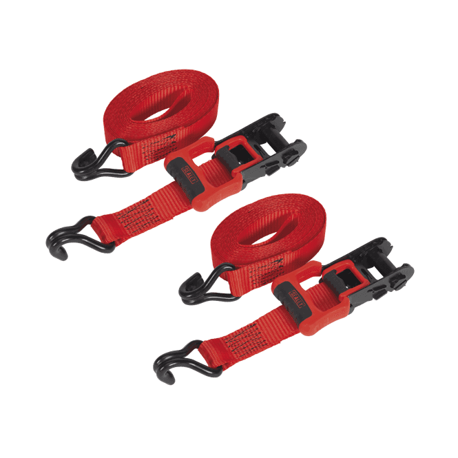 Sealey Ratchet Straps Polyester Webbing with J-Hooks 32mm x 4.9m 1200kg Breaking Strength - 2 Pairs