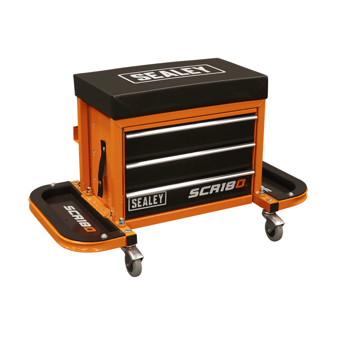 Sealey SCR18O Mechanics Utility Seat & Toolbox – Orange, Multi-Functional Storage & Seat