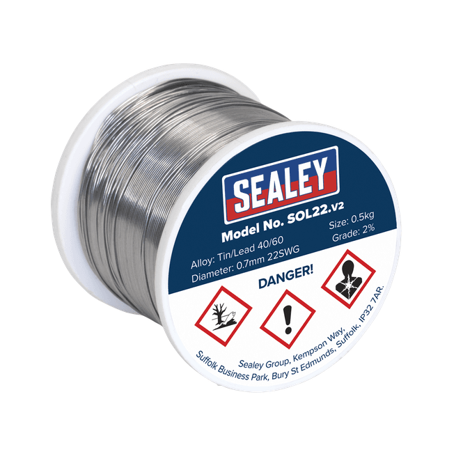 Sealey SOL22 Quick Flow Solder Wire 2% 0.7mm/22SWG 0.5kg Reel