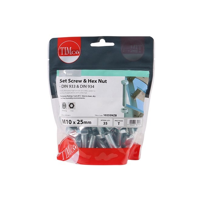Timco 1025SNZB 10 x 25Hex Set & Hex Nut - BZP35 / BAG