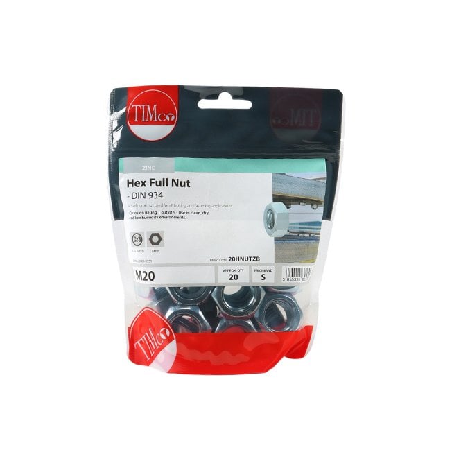 Timco 20HNUTZB M20 Hex Nut Bag Of 20 Zinc Plated
