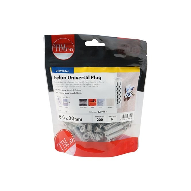 Timco 6 x 30mm Universal Nylon Plug Pack 200 Pieces