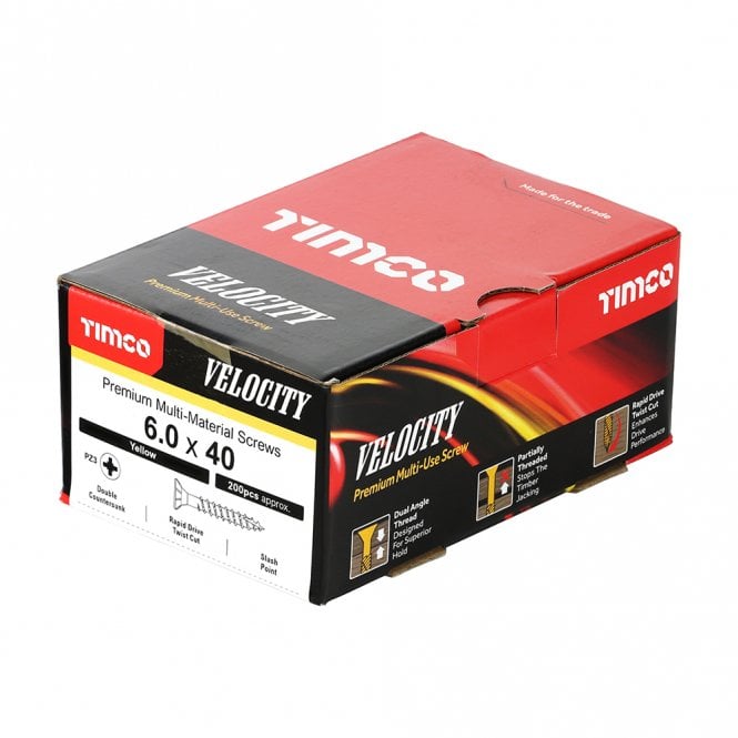Timco 60040VY 6.0 X 40 Countersunk Velocity Screws PZ3 Zinc Yellow Plated 200