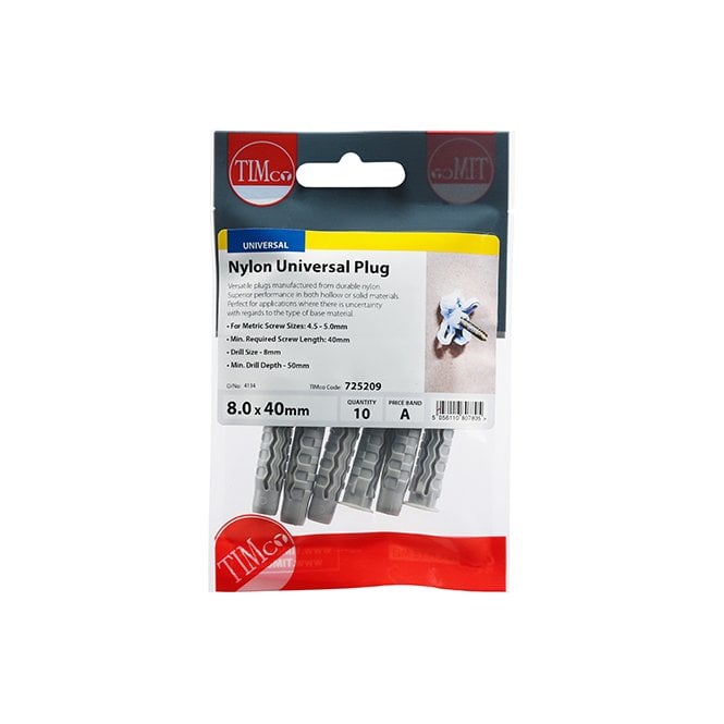 Timco 8 x 40mm Nylon Universal Plug Bag 100 Pieces