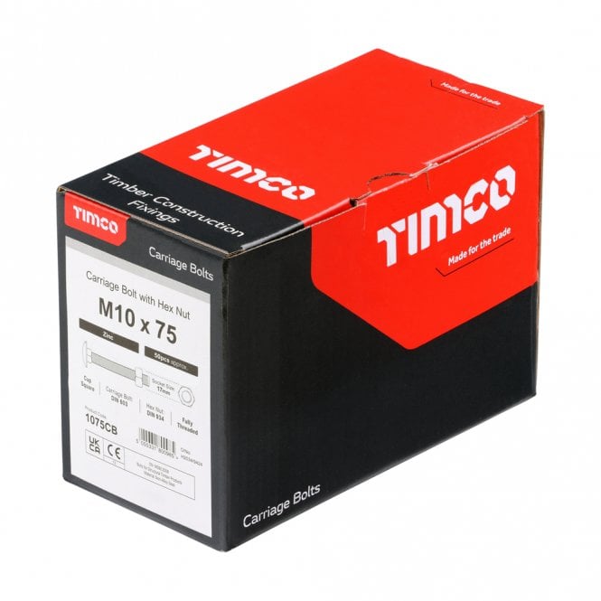 Timco M10 x 75mm Carriage Coach Bolt & Hex Nut Zinc Plated Box of 50