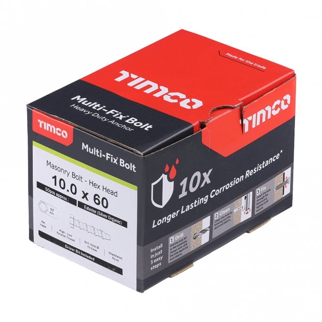 Timco M10x60mm Multi-Fix Masonry Bolts Hexagon Head Zinc Plated Box of 50