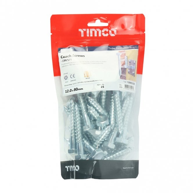 Timco M12 x 80 Hex Head Coach Screw Bzp Bag 25
