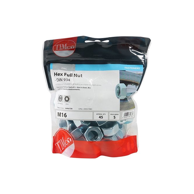 Timco M16 Hex Nut Bag Of 45 Zinc Plated 16HNUTZB