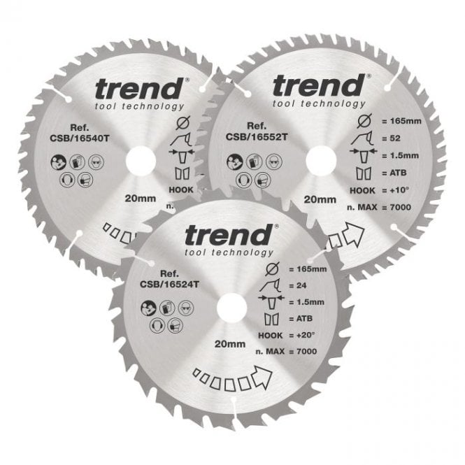Trend CSB/165/3PK/B Wood Cordless Circular Saw Blade 165mm x 20mm x 24/40/52T Pack of 3