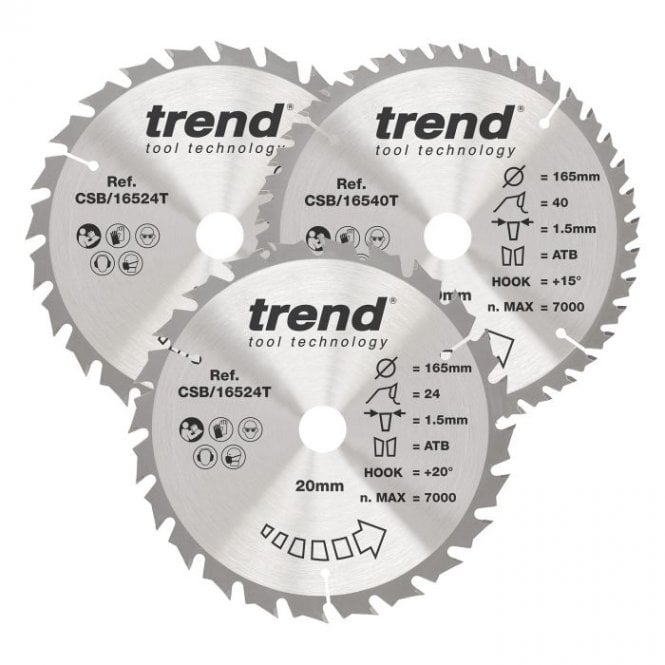 Trend CSB/165/3PK/C Wood Cordless Circular Saw Blade 165mm x 20mm x 24/40T Pack of 3