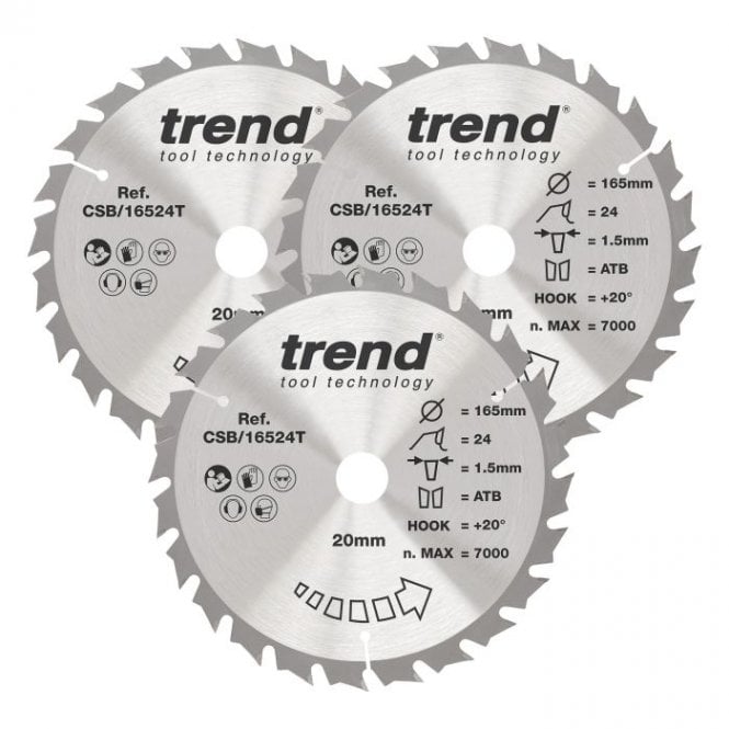 Trend CSB/165/3PK/D Wood Cordless Circular Saw Blade 165mm x 20mm x 24T Pack of 3