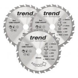 CSB/165/3PK/D Wood Cordless Circular Saw Blade 165mm x 20mm x 24T Pack of 3