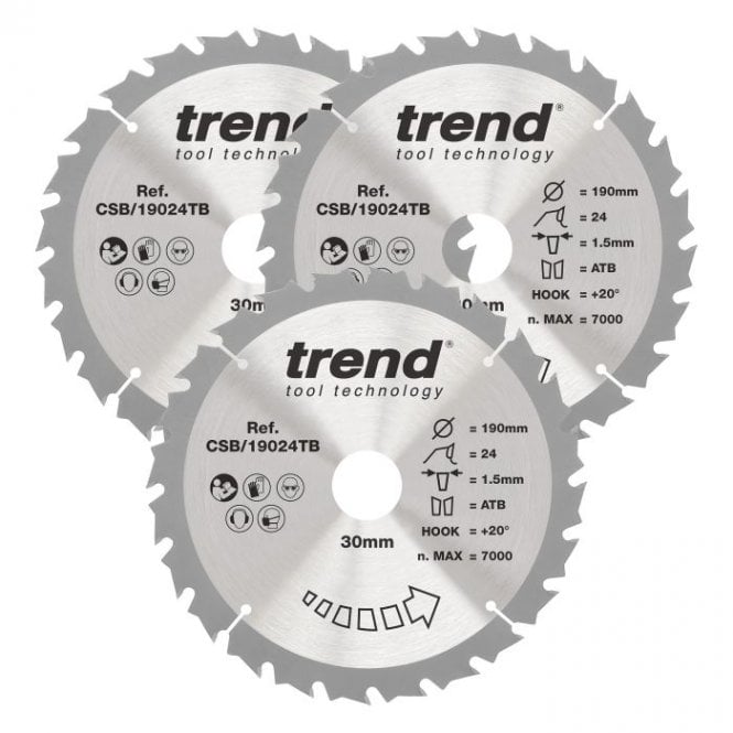 Trend CSB/190/3PK/A Wood Cordless Circular Saw Blade 190mm x 30mm x 24T Pack of 3