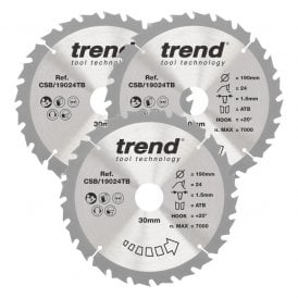 CSB/190/3PK/A Wood Cordless Circular Saw Blade 190mm x 30mm x 24T Pack of 3
