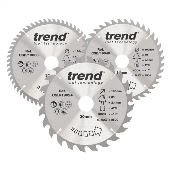 Trend CSB/190/3PK Wood Circular Saw Blade 190mm x 30mm x 24/40/60T Pack of 3