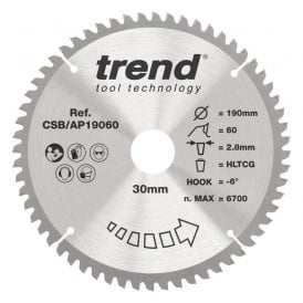 CSB/AP19060 Aluminium/Plastic Circular Saw Blade 190mm x 30mm x 60T
